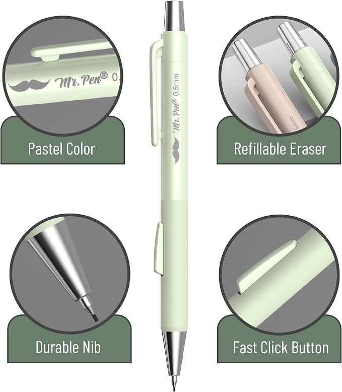Mr. Pen- Pastel Mechanical Pencil Set with Lead Refills & Erasers, 4 Pack | 2 Sizes, 0.5 & 0.7mm, Fast Click, 6x Tubes HB & 2B Lead Refill, 3x Eraser for School Supplies, Drafting, Drawing & Sketching