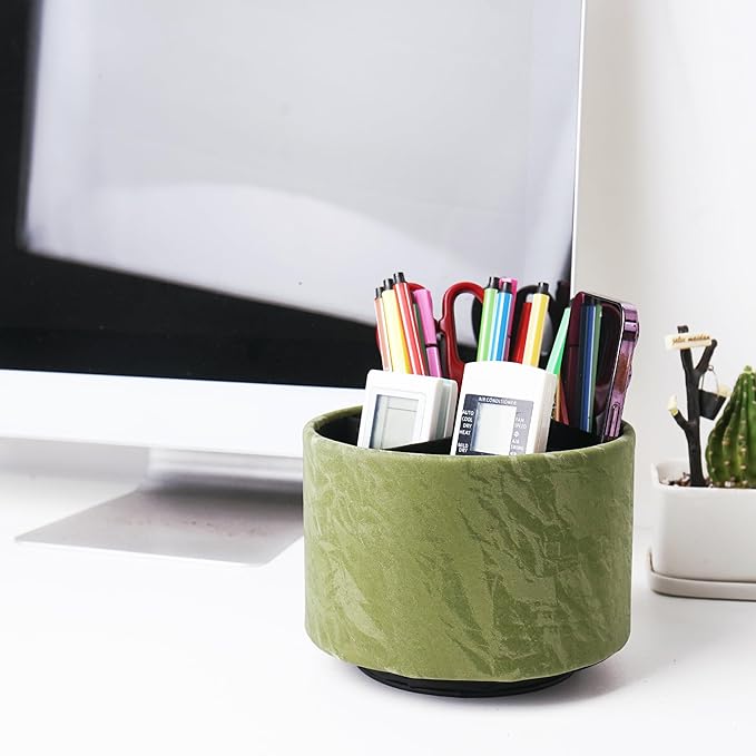 Round Leather Art Supply Organizer,Remote Control Holder,360 Degree Spinning,Multi-Functional Pencil Holder,4 Compartments Desktop Stationary Organizer(1-Hill Green)