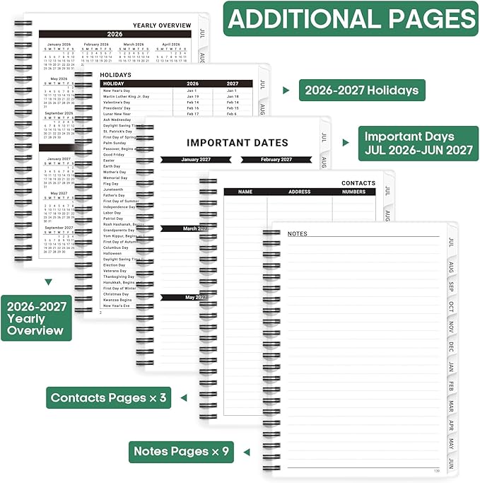 Academic Planner 2026-2027, Weekly and Monthly Calendar Book, July 2026 – June 2027, Hardcover Planner with Tabs, Perfect for Teachers, Students, Women & Men, A5 (6.4" x 8.5") - Leaf