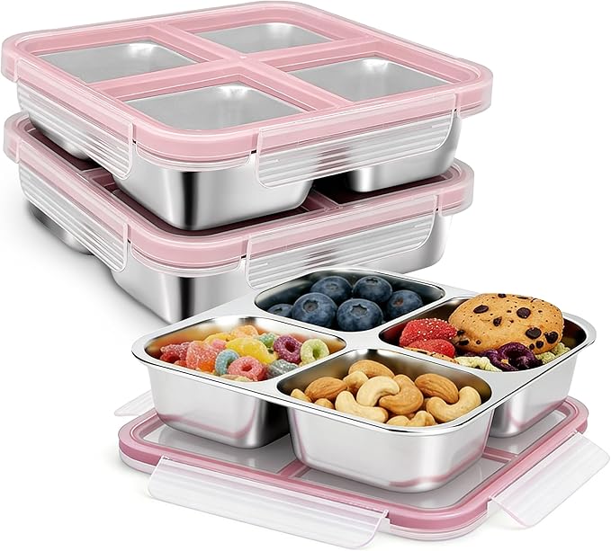 3 Pack Stainless Steel Reusable Snack Containers with Lids, 4 Compartment, Leakproof, 24.5 oz Food Storage & Meal Prep Containers, Bento Lunch Box for Adults,Men,Women(Pink)