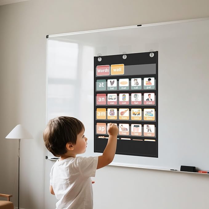 Yoink 5+1 Standard Pocket Chart, Clear 5 Pockets with 1 Extra Storage Pocket for Classroom, Word Wall and Sentence Strips Hanging Chart for Vocabulary Learning, Teacher Supplies(Black)