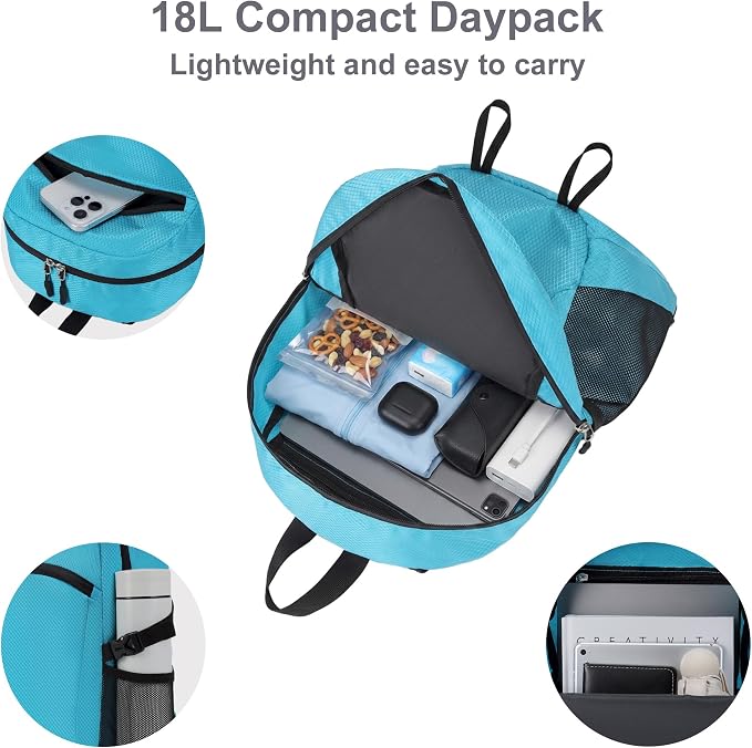 Lightweight Hiking Backpack 18L Packable Foldable Small Daypack Collapsible Travel Bag Water-Resistant for Adults (Blue)