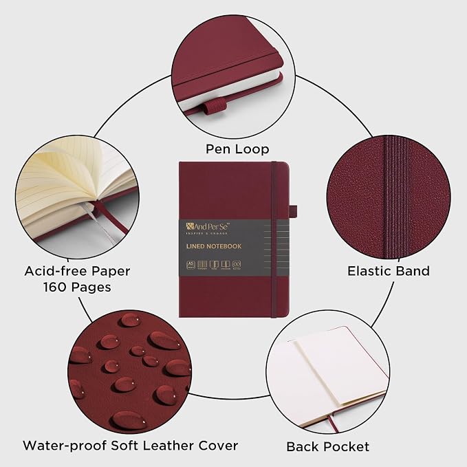 &And Per Se Lined Journal and Pen Set, A5 Leather Hardcover Notebook with Pen & Stationary Set, 160 Pages 100GSM Thick Ruled Paper Journal for Business Work Writing (Dark Red)