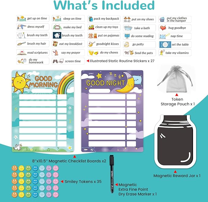Magnetic Bedtime/Morning Routine Chart &Reward Jar for Kids -Toddler Morning Checklist Board,Daily Reward Routine Chart for Kids,Dry Erase Bedtime Reward Chart,Daily Schedule Chart at Home