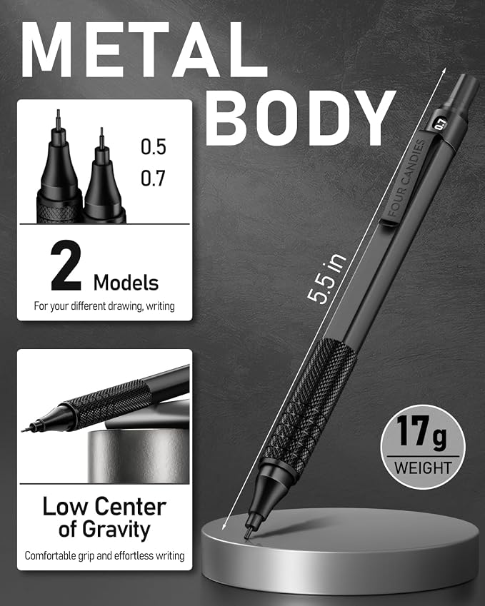 2PCS Metal Mechanical Pencil Set, 0.5mm+0.7mm, Storage Case, Black＆Silver | 360 Lead Refills, 3 Erasers, 9 Eraser Refills, Smooth Writing, Anti Grip, for Sketching, Technical Drawing, Art Projects