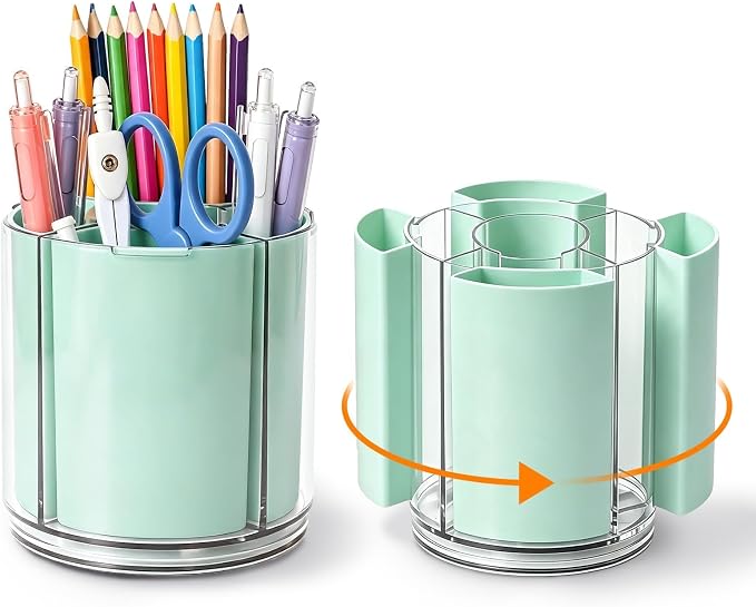 360° Rotating Pen Holder for Desk Adjustable Pencil Organizer, Green | Plastic Pen Cup for Women Cute Office Supplies and Accessories Desktop Storage Box Art Caddy for School, Work, Home