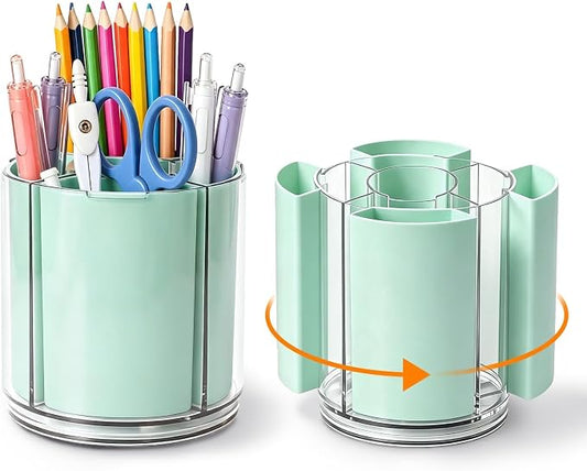 360° Rotating Pen Holder for Desk Adjustable Pencil Organizer, Green | Plastic Pen Cup for Women Cute Office Supplies and Accessories Desktop Storage Box Art Caddy for School, Work, Home