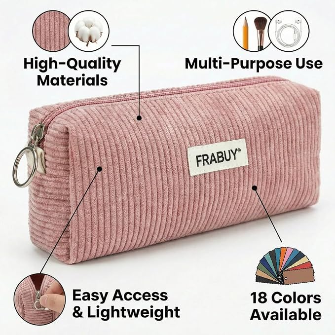 Soft Corduroy Pencil Case Pen Pouch Organizer, Small Stationery Bag | Cute pink pencil pouch, smooth zipper, daily cosmetics holder, compact organizer for school teen girls, women
