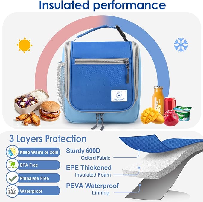 Genteen Kids Lunch Box, Insulated Lunch Bag for Kids, Toddler, Girl, and Boy; Holds Lunch Box, Water Bottle, & Snacks; Easy-Clean Water-Resistant Fabric & Multiple Zippered Pockets(Blue)