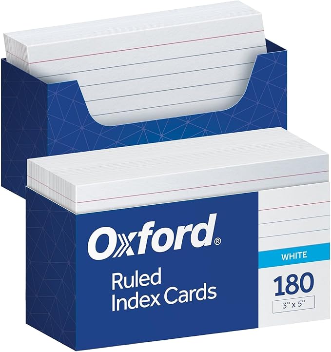 Oxford Ruled Index Cards with Reusable Storage Tray, 3” x 5”, 180 per Pack, Flashcards for School and Studying, Recipes, Note Cards (73168)