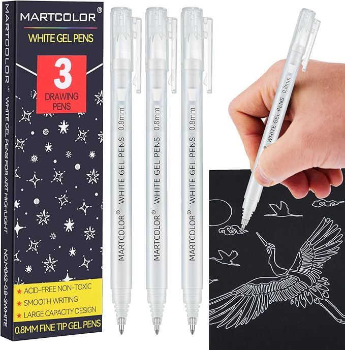 MARTCOLOR White Gel Pens, 0.8mm Extra Fine Point Opaque Archival Ink Pen for Black Paper Drawing, Art Highlight, Illustration, Bullet Journaling, Card Making & DIY Projects, 3 Pack