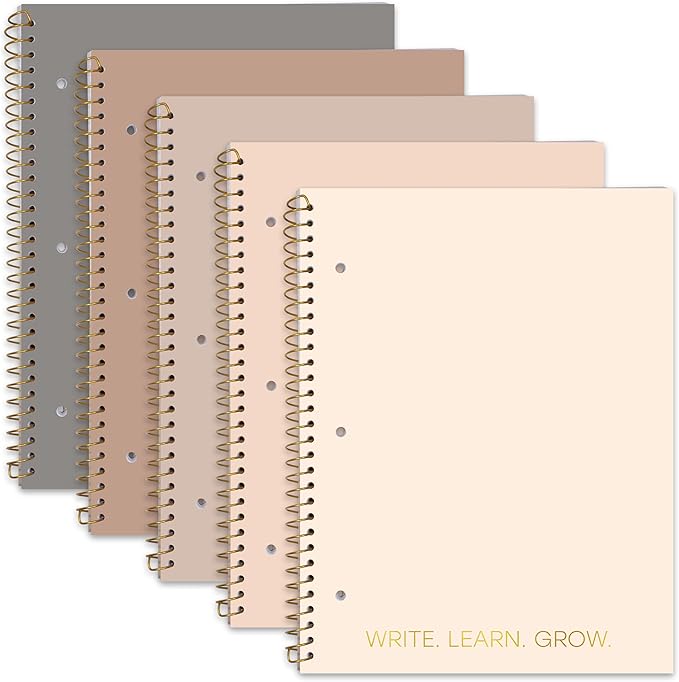 Decorably 5-Pack 140 Pages Gold Foiled Spiral Note Books College Ruled, 8x10.5in Spring Bound, 3-Hole Punched and Easy Tear-Off Perforated Design, Lined Pages - Work, School, Office