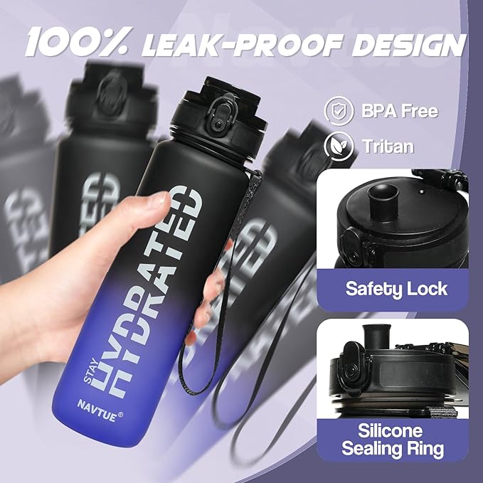 Water Bottle, 32 oz Sports Water Bottles with Time Marker Wide Mouth, Motivational and Leakproof Drink Bottle, BPA Free Tritan with Carry Strap for Gym Fitness Outdoor(1 Bottle)