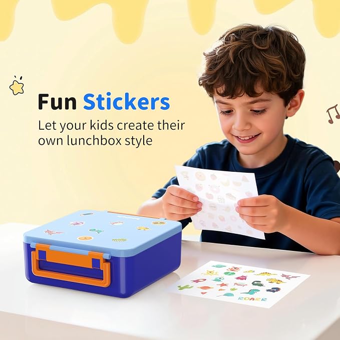 Bento Box for Kids, Lunch Box with Sticker for School | DIY Sticker Fun, Quick Lunch Packing, 4-Compartment Design, Insulated Food Jar, BPA-Free, Leak-Proof