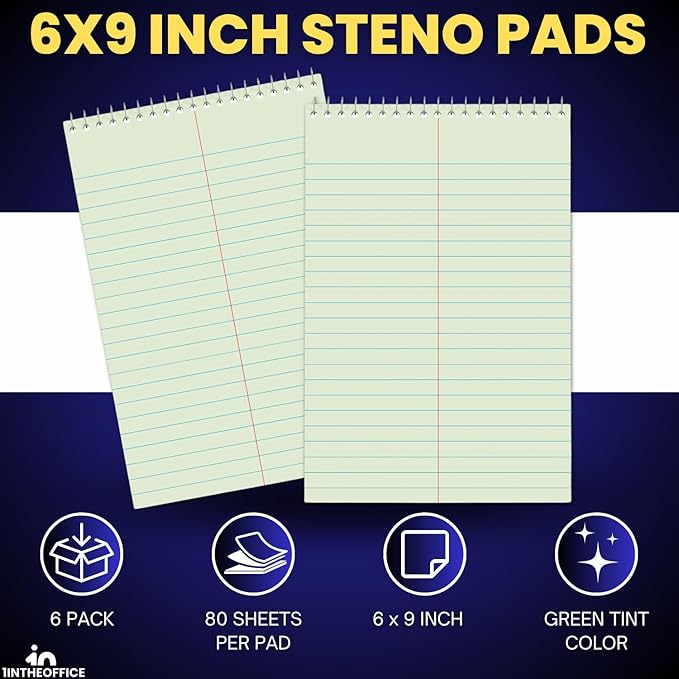 1InTheOffice Steno Pads 6x9, Steno Pads, Spiral Steno Pads, Gregg Rule, Green Tint, 6 x 9, 80 Sheets, 6/Pack
