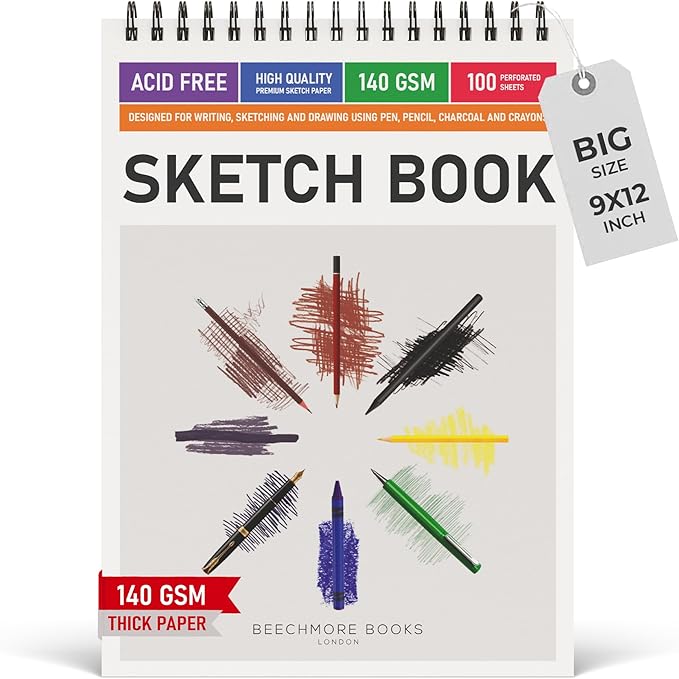 BEECHMORE BOOKS 9"x12" Spiral Bound Sketchbook - 100 Perforated Sheets 140 GSM (95lb) Acid-Free White Paper, Premium Professional Artist Sketch Pad, Art Supplies for Adults Students Drawing Notebook