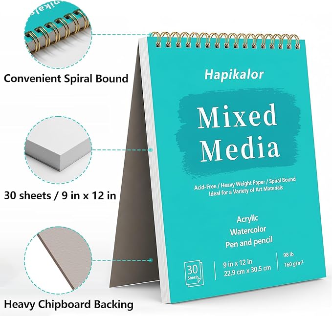 Sketch Book Mixed Media Pad, 2-Pack 9" x 12" Top Spiral Bound Sketch Pad, 30 Sheets 98lb/160gsm Acid-Free Drawing Paper, Art Supplies Sketchbook for Drawing, Sketching