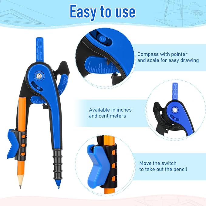 Zonon 2 Pcs Student Protractor and Compass, Student Geometry Math Set Drawing Compass and 180 Degree 6 Inch Protractor with Swing Arm for Drawing Measuring School Office (Deep Blue)