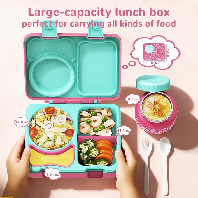 Kids Insulated Lunch Box with 8OZ Thermo Food Jar | Leakproof Bento Box with Ice Pack Sauce Cup Utensils Removable Tray & Dividers for School Daycare Travel, Rainbow Butterflies