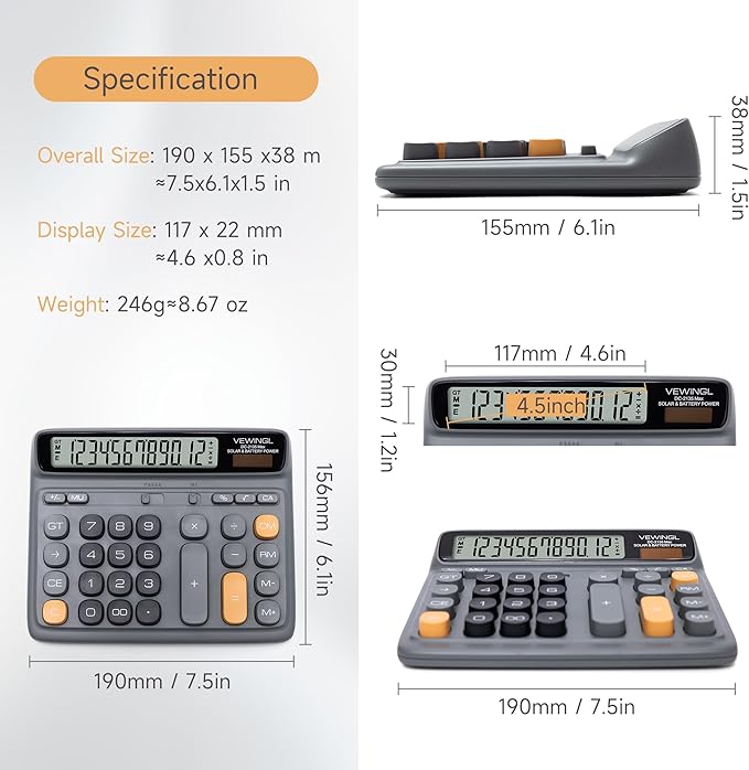 VEWINGL Desktop Calculator with Extra Large LCD Display, 12-Digit Dual Power Solar & Battery Calculator, Big Button Office Calculator for Accounting, Home, School & Business Use (Charcoal Gray)