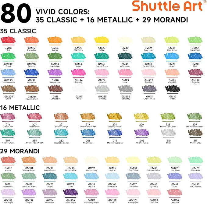 Shuttle Art 80 Colors Dual Tip Acrylic Paint Markers, Brush Tip and Fine Tip Acrylic Paint Pens for Rock, Ceramic, Wood, Canvas, Plastic, Glass, Stone, Calligraphy, Card Making, DIY Crafts