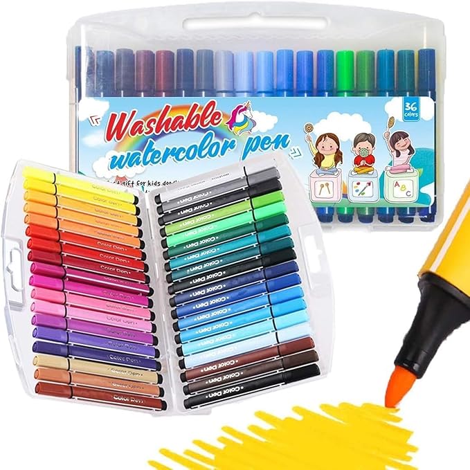 Marte Vanci Triangle Shape Washable Coloring Pens for Kids, Washable Markers with Medium Point for Book Doodling Graffiti, Coloring Markers With Carrying Case (36 Colors)