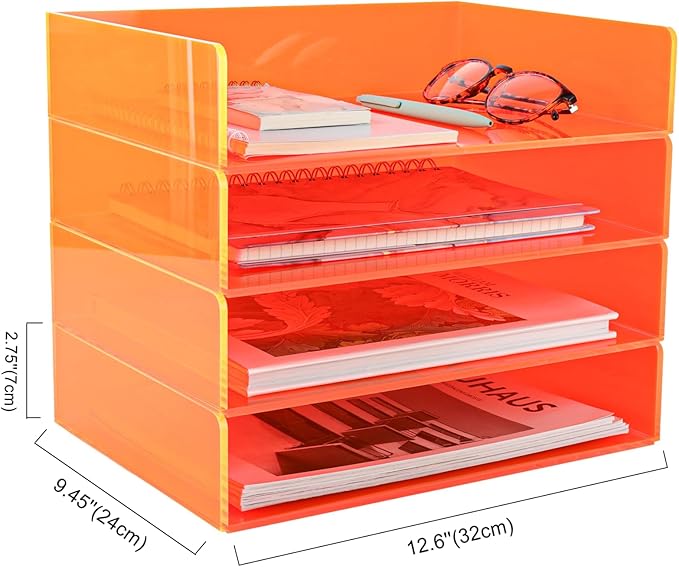 Gelite Acrylic File Organizer for Desk 4 Tiered Stackable Letter Tray Office Paper Storage Desktop Document Sorter, Neon Orange