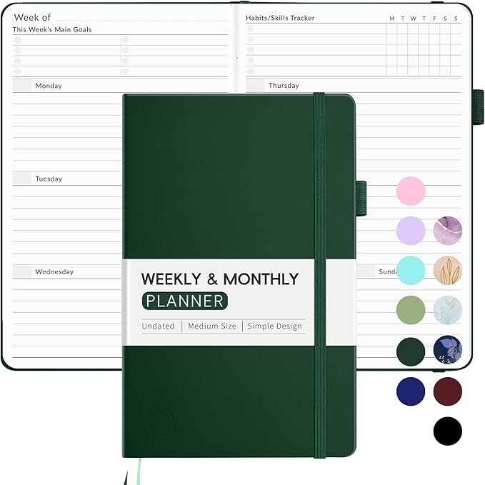 Undated Weekly Planner for 2026, Forvencer Simplified Weekly & Monthly Calendar Planner, Cute Daily Organizer Notebook, Agenda Journal to Track Goals & Tasks, Start Anytime, A5 Size, Dark Green
