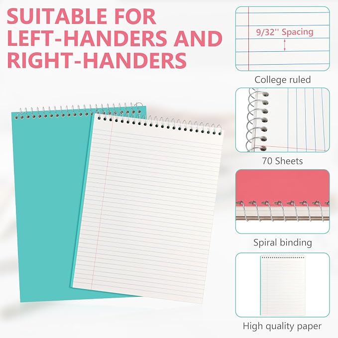 Resurhang 6 Pack 8.5 x 11'' Top Bound Office Steno Book Wide Ruled Double Sided Spiral Notebooks Reliable White Paper 70 Sheets/Pad Pastel Colors Covers for Writing Notes (Art Color,Solid)