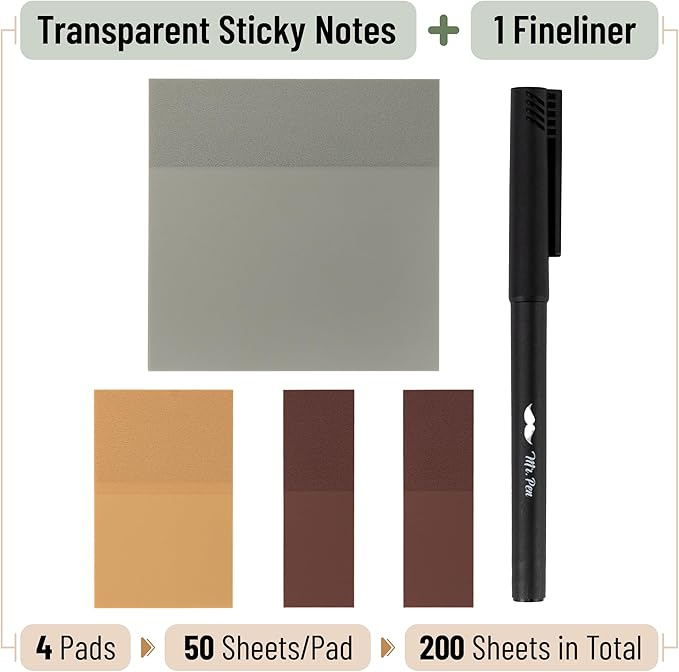Mr. Pen- Transparent Sticky Notes Set, 200 Sheets, Transparent Sticky Notes and Planner Tabs with Black Fineliner Pen for Bible Study, Office, School, Planning, Journaling & Organization
