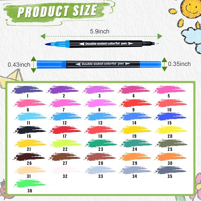 36 Colors Brush & Fine Dual Tip Art Markers Set for Adult Kids Coloring, Dual Tip Colored Pens Markers Quick Drying Without Fading ,Water Based Marker for Painting,Calligraphy, Doodling Journal