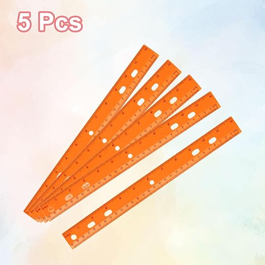 HARFINGTON 5pcs Plastic Rulers 12" (30cm) Clear Straight Ruler Measuring Tool Inches and Centimeters with Hole for Home Office Classrooms Drafting, Orange