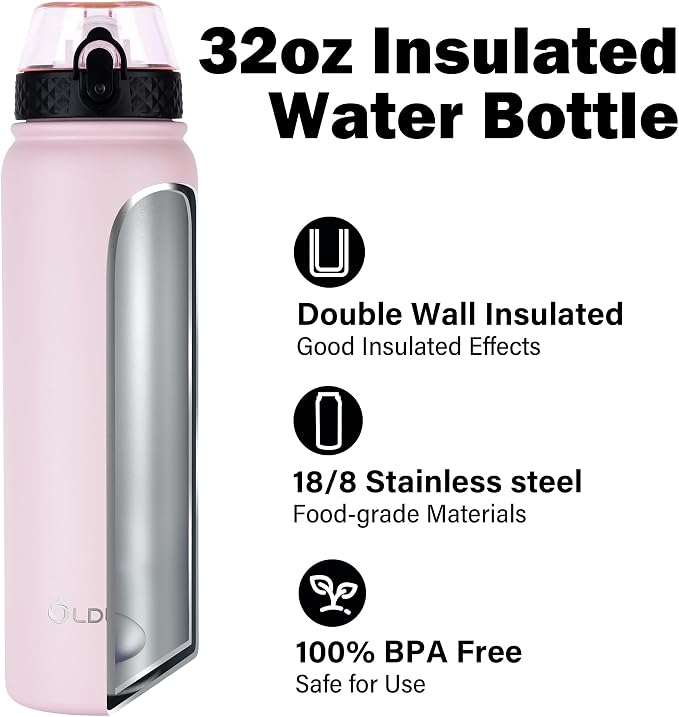 Oldley Insulated Water Bottle 32oz Water Bottles with Straw, Stainless Steel Water Bottle with 3 Lids, Double Wall Vacuum Bottels for Adults Kids, Leak-Proof Sport Bottles for School Travel, Pink