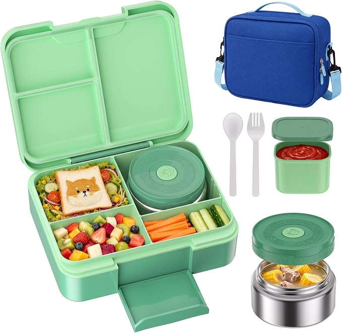 HOMETALL Bento Box for Kids with 8.5oz Insulated Food Jar - Leakproof Bento Lunch Box Kids Lunch Bag Set for Back to School Ages 3 to 14, Lunchbox Snack Containers Reusable On-the-Go Meal Prep,Green