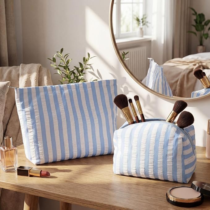 Huhumy 2 Pcs Makeup Bag Set for Women, Blue,Wide Striped Seersucker | Cute Cosmetic Pouch Women Travel Toiletry Bag Preppy Small Makeup Purse Pouch Aesthetic Skincare Brushes Storage Organizer