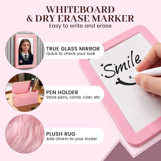 Elfcool 13 Pcs Locker Accessories Kit, Locker Decorations for Girls Boys Magnetic Pen Holder, Mirror, Whiteboard, Wallpaper, Magnets, Plush Rug, String Light, Back to School Essentials (Pink Bow)