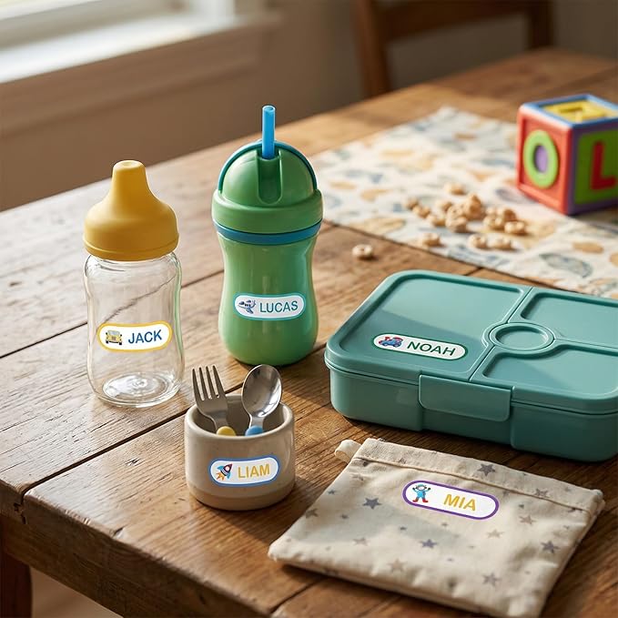 Waterproof Name Labels for Kids School Supplies - Daycare Name Stickers for Baby Bottle Water Bottles,136 PCS Self Adhesive Name Tag Stickers for Boys Personalized,Dishwasher Safe.