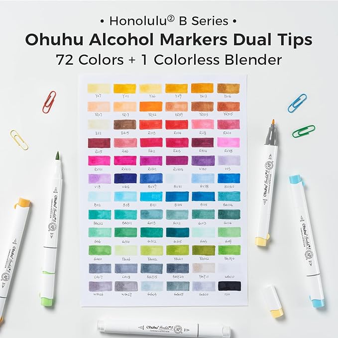 Ohuhu Alcohol Markers Brush Tip - AP Certificated Double Tipped Art Marker Set for Artist Adults Coloring Illustration- 72 Colors - Refillable - Fine and Brush Dual Tips - Honolulu 2B of Ohuhu Markers