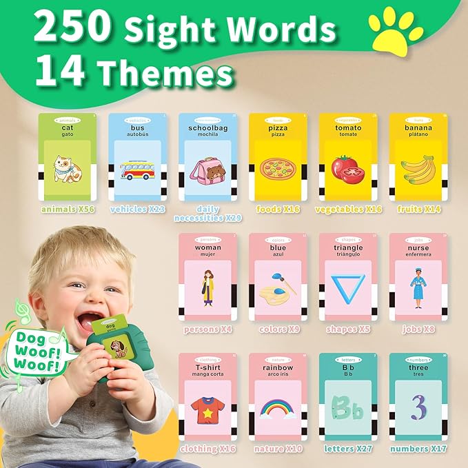 Aullsaty Toddler Toys Bilingual English and Spanish Talking Flash Cards for 1 2 3 4 5 6 Year Old Boys and Girls, Autism Sensory Toys for Autistic Children, Learning Educational Speech 250 Sight Words