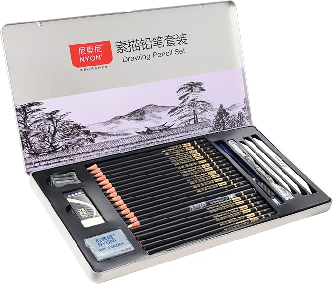 Sketching Pencils Set, Metal Box Packaging, Including Graphite Pencils、Charcoal Pencils、Blending Stumps and other tools for drawing (A set with 29pieces).