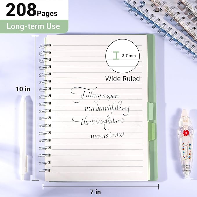FLYING EAGLE Small Spiral Notebook 5 Subject Notebook Wide Ruled with Dividers Tabs Waterproof Plastic Cover Thick Paper Notebooks for Work School, 7x10 Green
