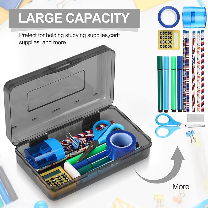 Leelosp 12 Pack Clear Pencil Boxes for School Bulk, Large Plastic Pencil Case with Lid, Stackable Hard Crayon Storage Box for Classroom Kids, Desk Drawer Organizer for Office Home(Gray)