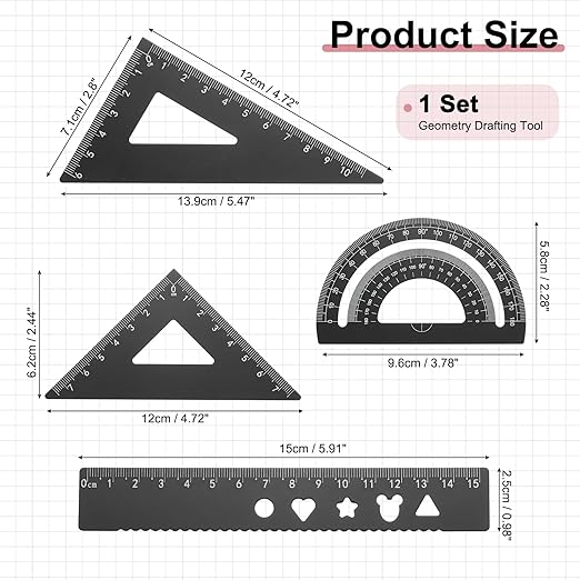 PATIKIL 4 Pcs Geometry Drafting Tool, Aluminum Alloy Geometry Kit Math Tool Includes 15cm L Ruler Protractor Triangles for Drafting Angle Measure Simple Science Experiment, Black
