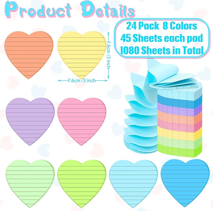 Teling 24 Pack Valentine's Day Sticky Notes Heart Lined Sticky Notes Self Adhesive Love Memo Pads for Valentines Party Exchange Gifts Office Home School 3x3 Inch(Light Colors, Classic)
