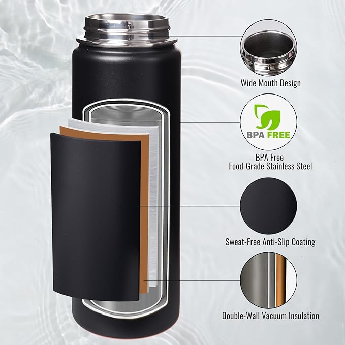 Fijinhom 24 oz Insulated Water Bottle with Handle, 304 Stainless Steel Water Bottles with 2 Lids, Double Wall Vacuum Sports Water Cup with Straw, BPA Free, Keep Cold and Hot, Black