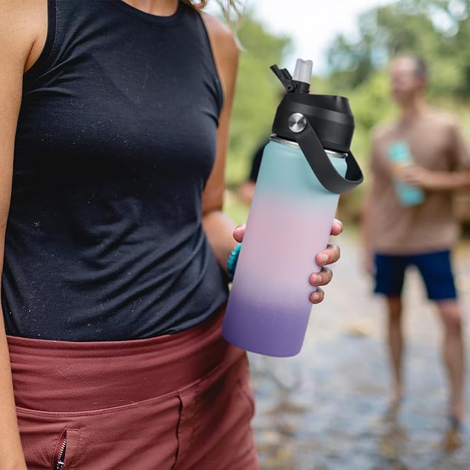 Fijinhom 24oz Insulated Stainless Steel Water Bottle, Wide Mouth Double Wall Vacuum, Silicone Straw, Sweat & Leak Proof, BPA Free Insulated Water Flask for Travel, Keep Cold 24h Hot 12h, Pink
