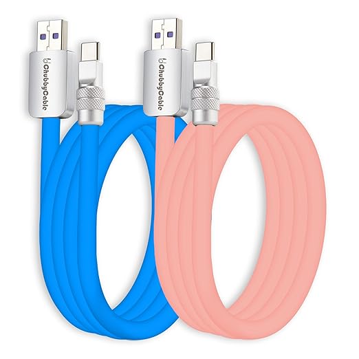 chubbycable Couple Chubby 2 Pack 120W USB C Cable Extra Thick Silicone Fast Charging Cable Compatible with iPhone 17-15 Series iPad Galaxy Series, Blue+Pink, USB-A to Type-C, 13.1FT