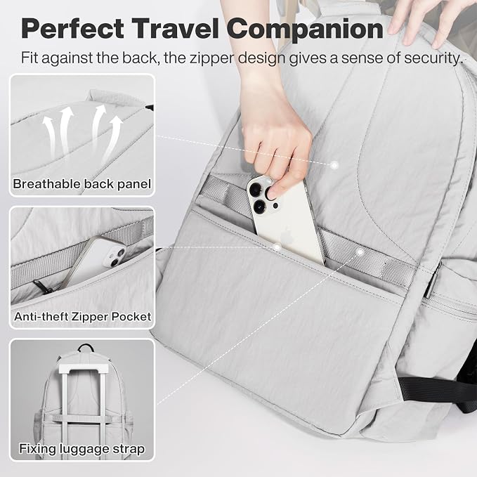 mixi 15 Inch Casual Travel Daypack, Lightweight Laptop Backpack, Light Gray | Ultra Light Backpack, Fits 14in Laptop, Water/Oil/Stain Resistant, Anti-Theft Pocket&Luggage Strap for College Work Hiking