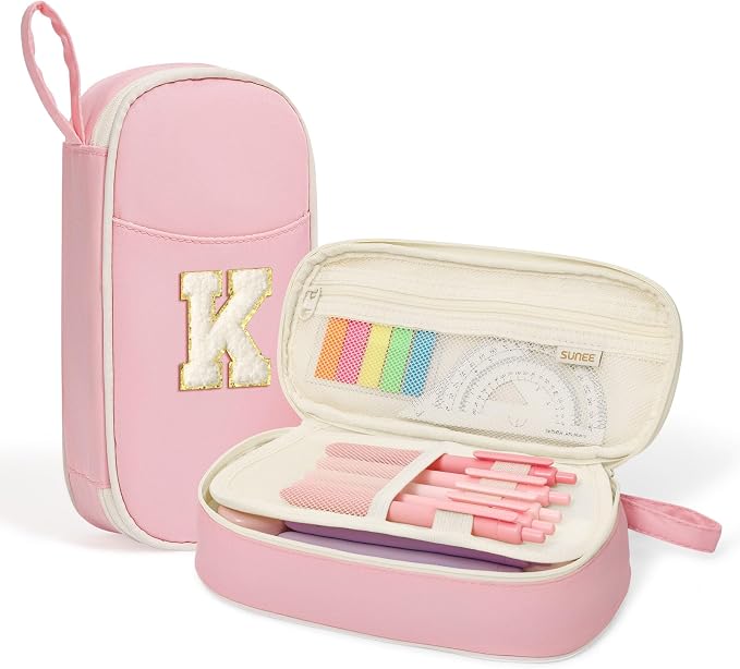 SUNEE Cute Pencil Case, Kawaii Big Capacity Pencil Pouch, Personalized Initial Pencil Bag with Zipper, Stationery Storage and Organizer, Back to School Supplies, Pen Box for Girls & Boys, Teen, K-Pink