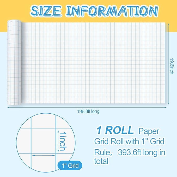 Jetec 1 Roll Large Grid Graph Paper Roll 1" Grid 16.5 Inch x 197ft Sewing Pattern Paper for Back to School Classroom Teaching Drafting Supplies Kids Students Gifts